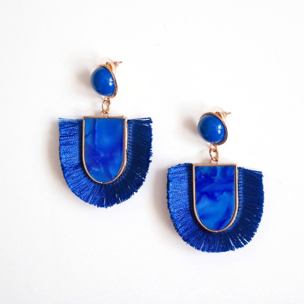 Royal Blue Gold Tone Tassel Drop Earrings